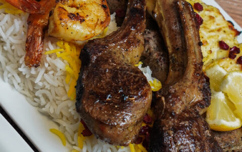 Best kabobs in Columbus Ohio. Grill sampler-one ground beef kabob, one ground chicken kabob, lamb chops and grilled shrimp in Columbus, Ohio.