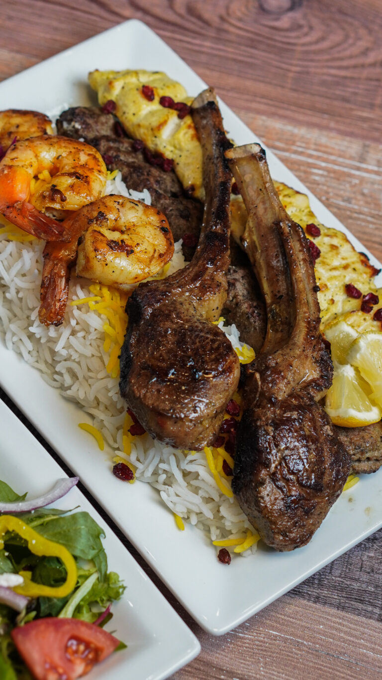 Best kabobs in Columbus Ohio. Grill sampler-one ground beef kabob, one ground chicken kabob, lamb chops and grilled shrimp in Columbus, Ohio.