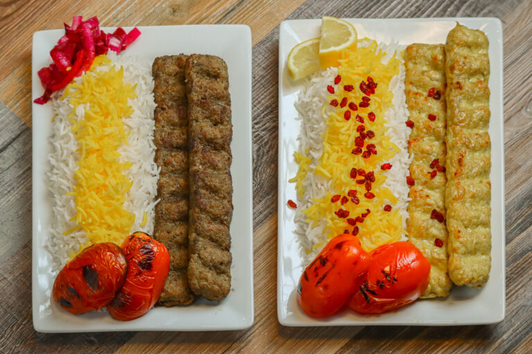 Best kabobs in Columbus Ohio. "Ground beef and ground chicken kabob skewers on a bed of saffron rice in Columbus Ohio"